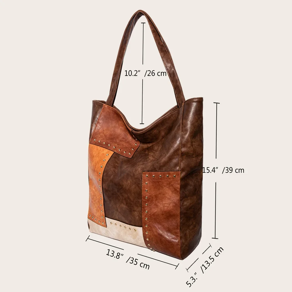 Vintage PU Leather Tote Bags Women Luxury Designer Rivet Patchwork Handbags Female Fashion Versatile Large Capacity Shoulder Bag