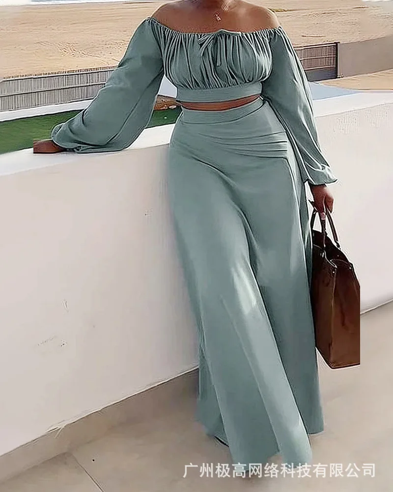

Ruched Lantern Sleeve Top & Slit Skirt Set Women Strapless Tops Solid Color Long Loose Skirt Summer Spring