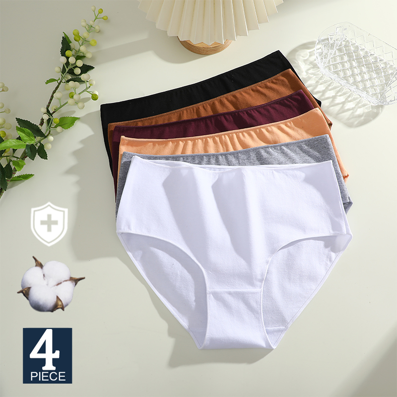 Finetoo 4Pcs Cotton Briefs Women Pantys Mid Waist Panties Female Underpants Solid Color Panty Intimates Plus Size Lingerie S-2XL