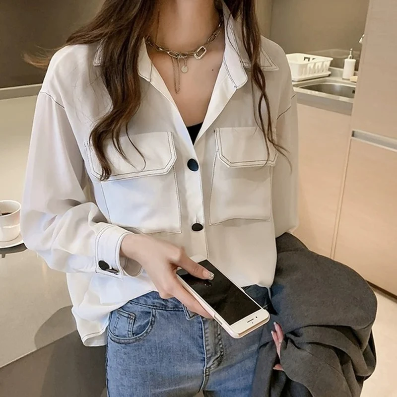 Spring New Solid Chiffon Shirt Ladies Pockets Patchwork Loose Versatile Bottom Tops Tees Chic Korean Fashion Clothes for Women