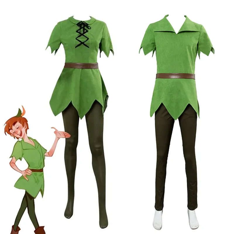 

Men Movie Peter Pan Cosplay Costume Hat Green Elf Uniform Adult Children Halloween Carnival Costume Fancy Women Cosplay Suit