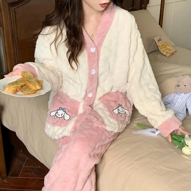 Kawaii Sanrios Cartoon Cinnamoroll Pajamas Suit Pochacco Anime Plush Homewear Sleepwear Autumn Winter Warm V-Neck Nightwear Girl