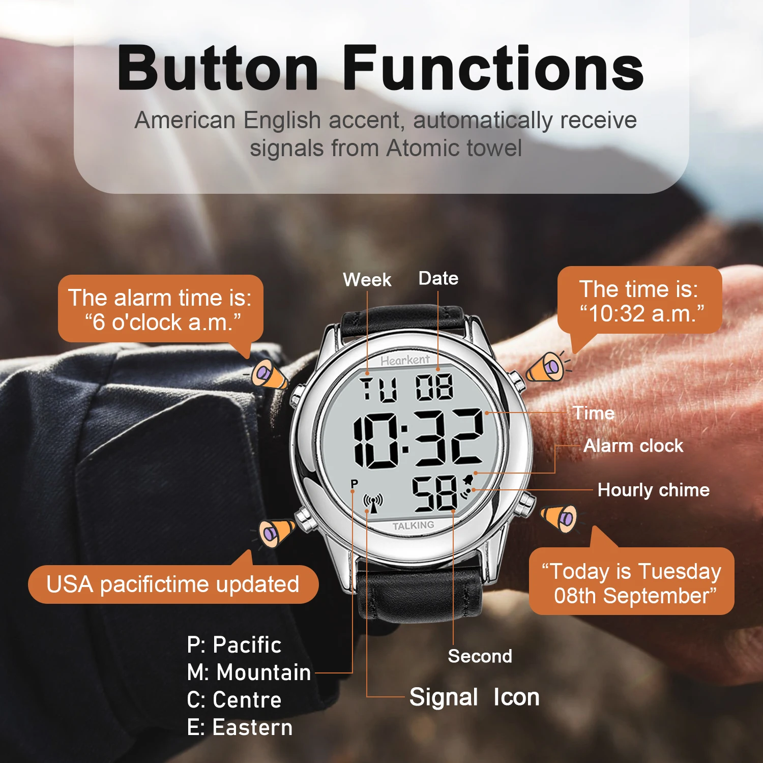 Hearkent Talking Watches for Blind Elderly Men's Clock Talking Time with Atomic Alarm Radio Wrist Watches Spanish/German/English 3