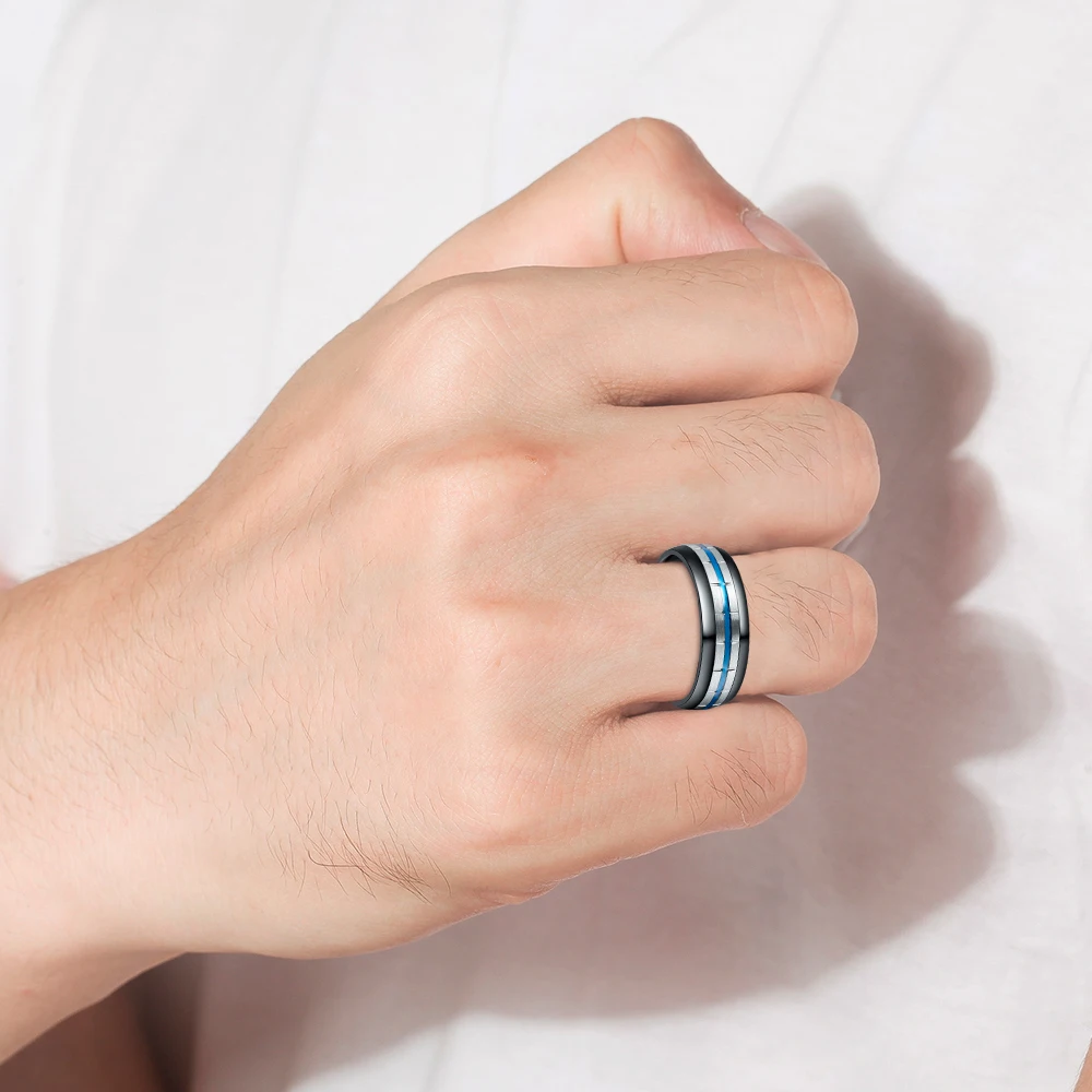 Nuncad 8mm Electroplated Black Blue Groove Tungsten Carbide Ring for Men Wedding Bands Jewelry Lovers Gift Size 7-12