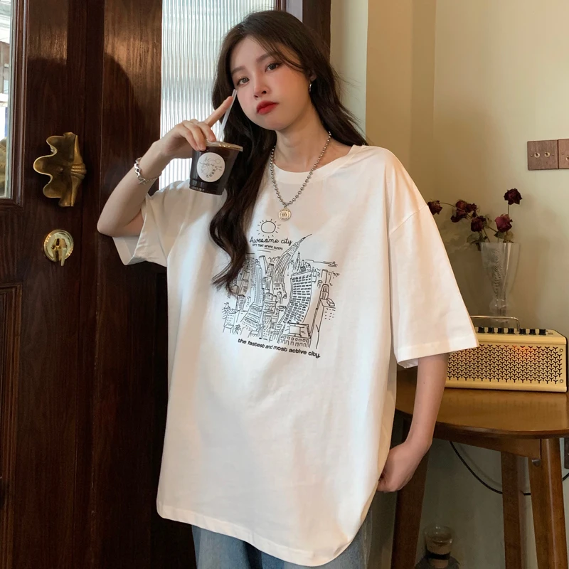 

Vintage Letter Print Ins Loose Tshirt Female Korean Harajuku Women's T-shirts Tops Japanese Kawaii Ulzzang Clothes For Women