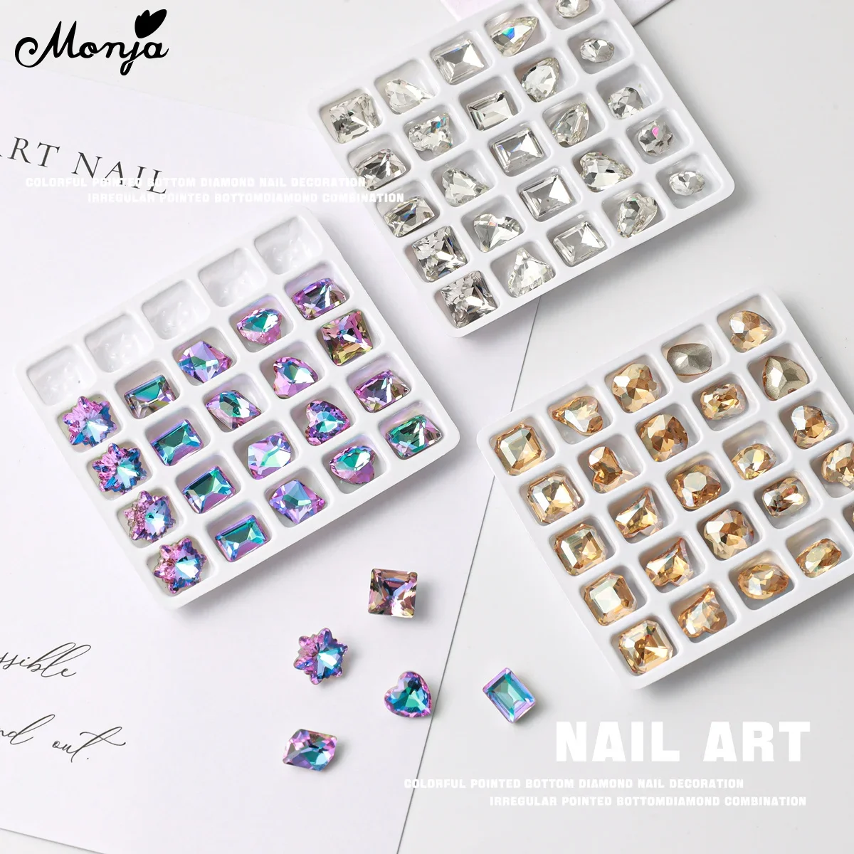 

Monja 150PCS Nail Art Rhinestones 3D Shiny Pointed Bottom Crystal Crooked Heart Fat Square Diamond Jewelry Manicure Decoration