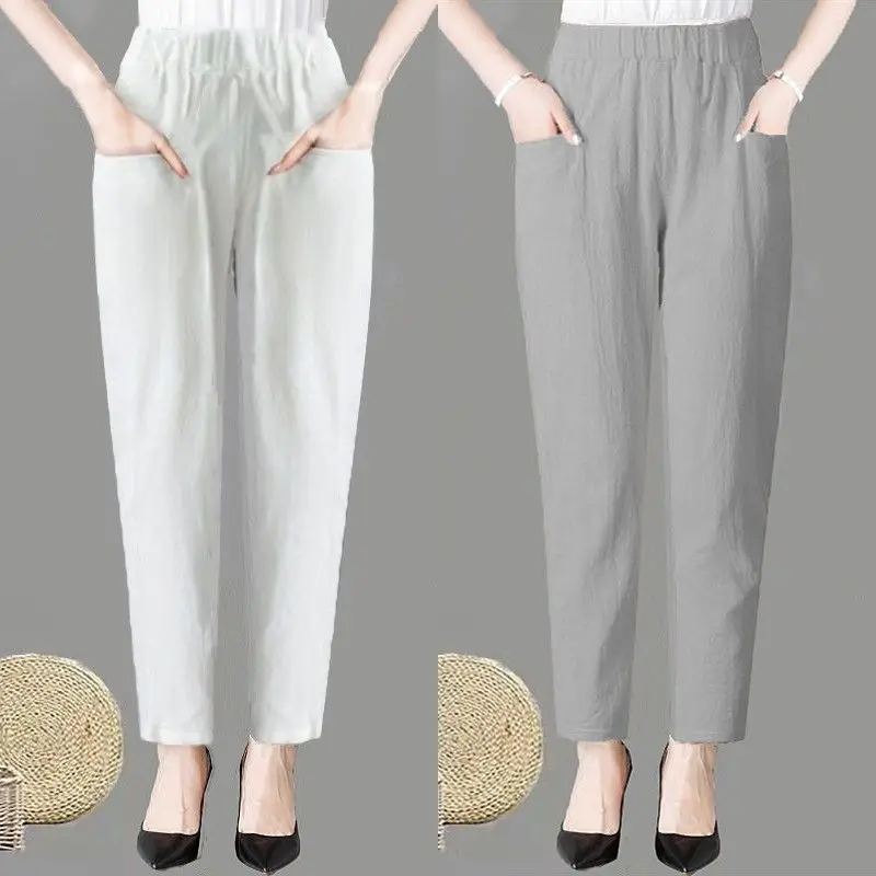 Large Size Korean Casual Thin Cotton Linen Pants Women Spring Summer Elastic Waist Ankle-Length Pants Woman Harem Trousers