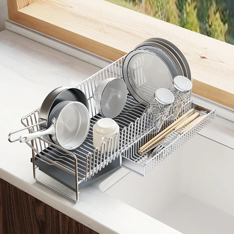 

304 Stainless Steel Dish Drying Kitchen Utensils Drainer Rack With Cutting Board Knife Rest Countertop Dinnerware Organizer