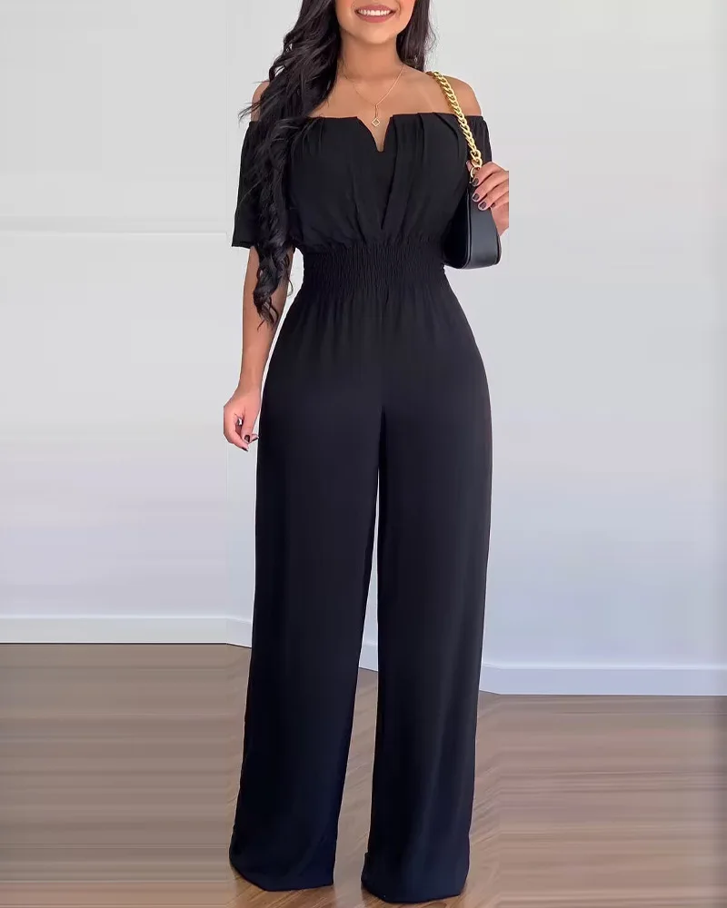 

Elegant Jumpsuits for Women Straight shoulder Fashion Off Shoulder Casual Plain Short Sleeve Long Wide Leg Shirred Waist Daily