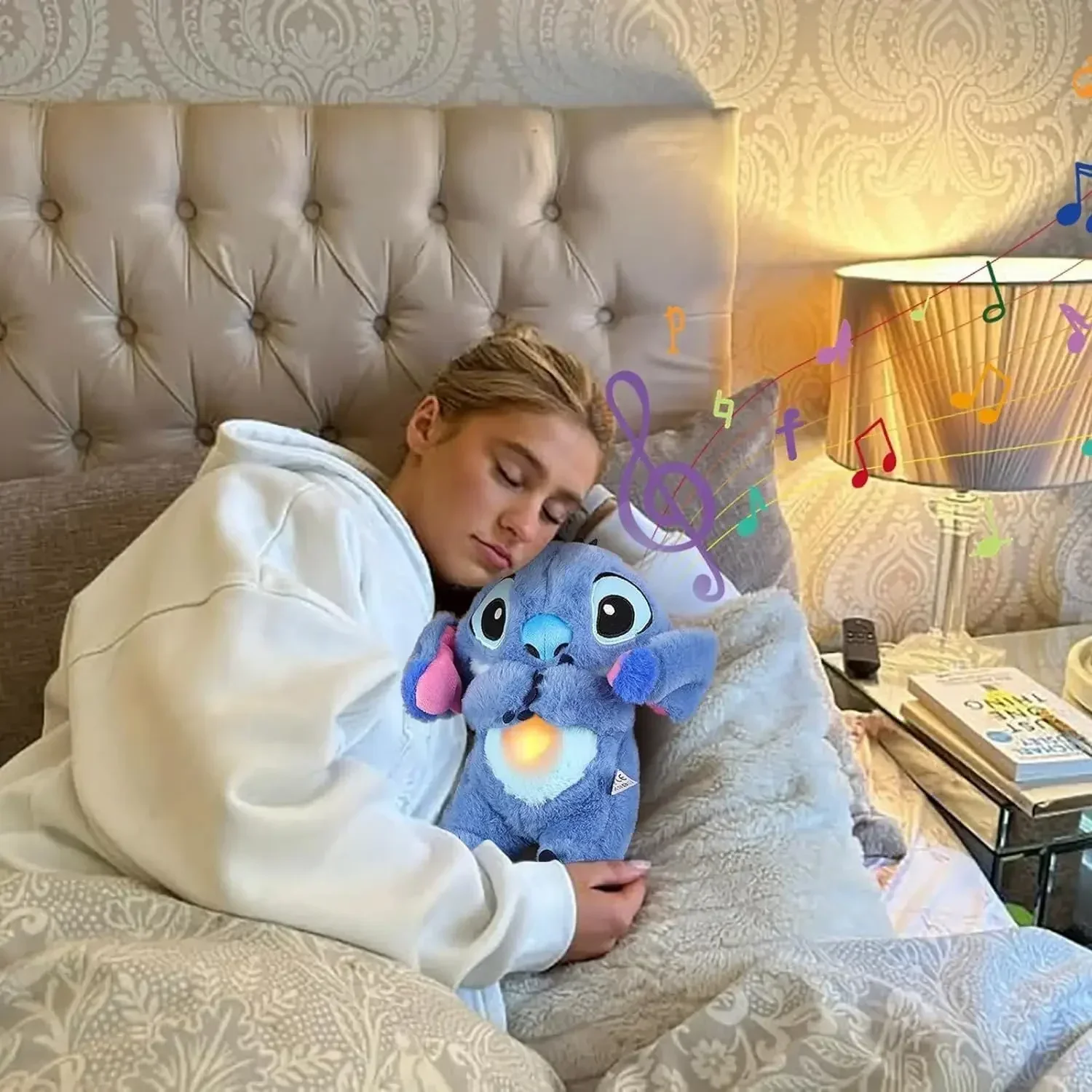 MINISO 30cm Plush Breathing Stitch Doll Soothing Peluche Lilo&Stitch Kawaii Toy Anime Music Light Child Sleep Model Kid Gift