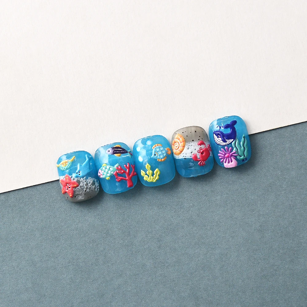 Sea Animals 5D Nail Stickers Ongle Nail Supplies Fake Nail Tapes Embosses Decals 6