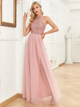 فستان سهرة أنيق ترتر للنساء 2025 عميق على شكل حرف v تول حفلة موسيقية حفل زفاف وردي طول الأرض فساتين كوكتيل 4