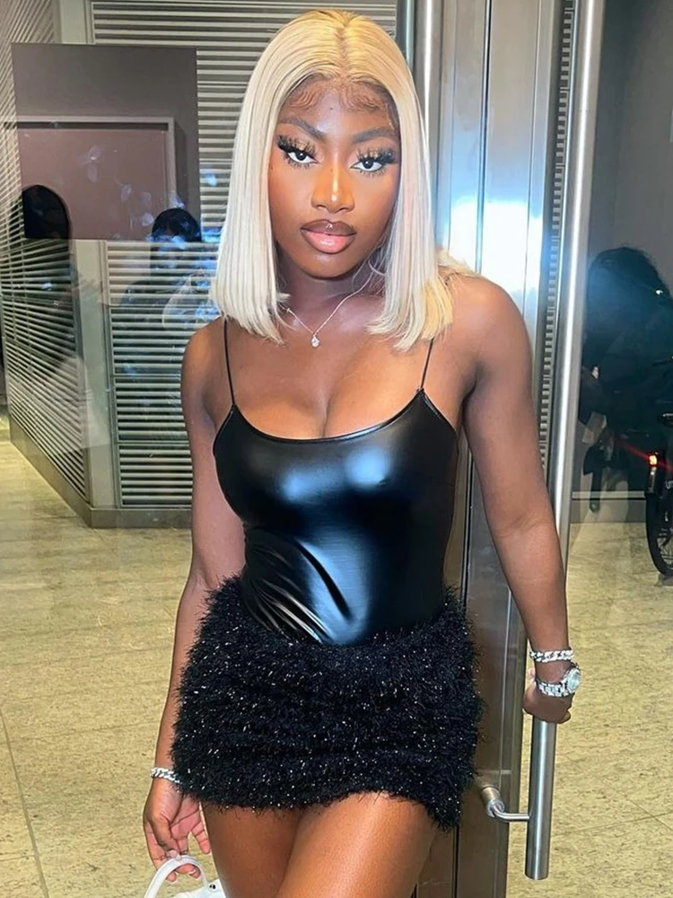 

Spaghetti Strap Backless Bodysuits+ Shiny Plush Hip Skirt Hipster Solid Two Piece Set Women Sexy Lady Streetwear Outfits