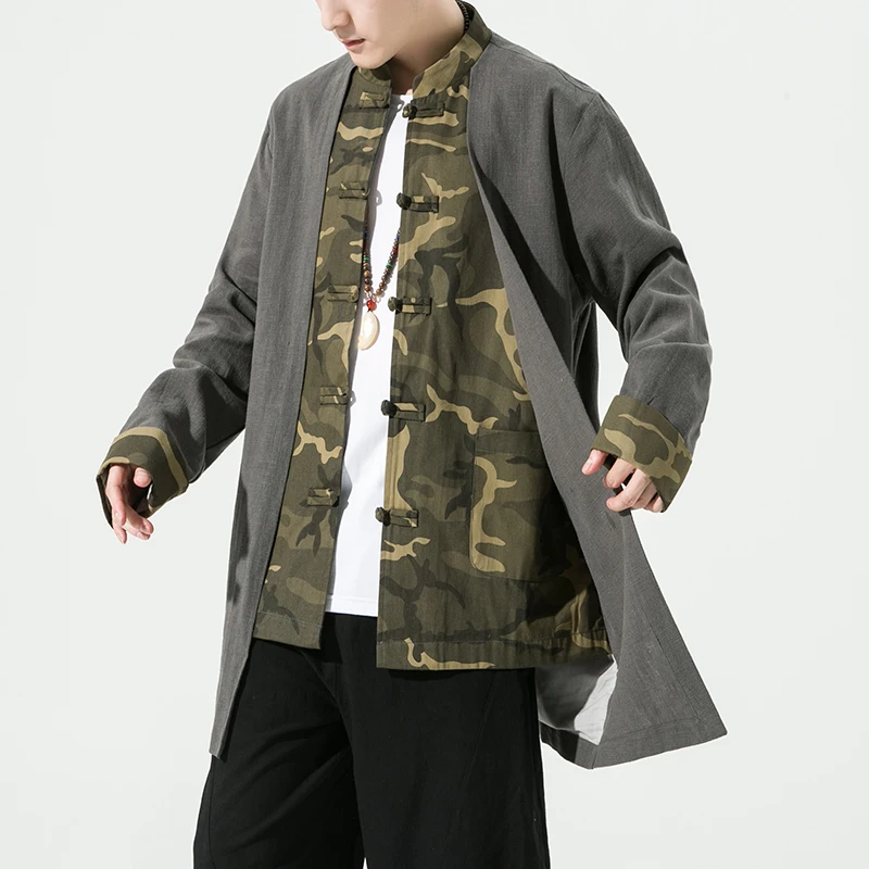 

Chinese Style Men's Retro Linen Med-long Trench Coat Men's Spring Autumn Casual Jacket Men's Tang Suit Hanfu Fake Two Jackets