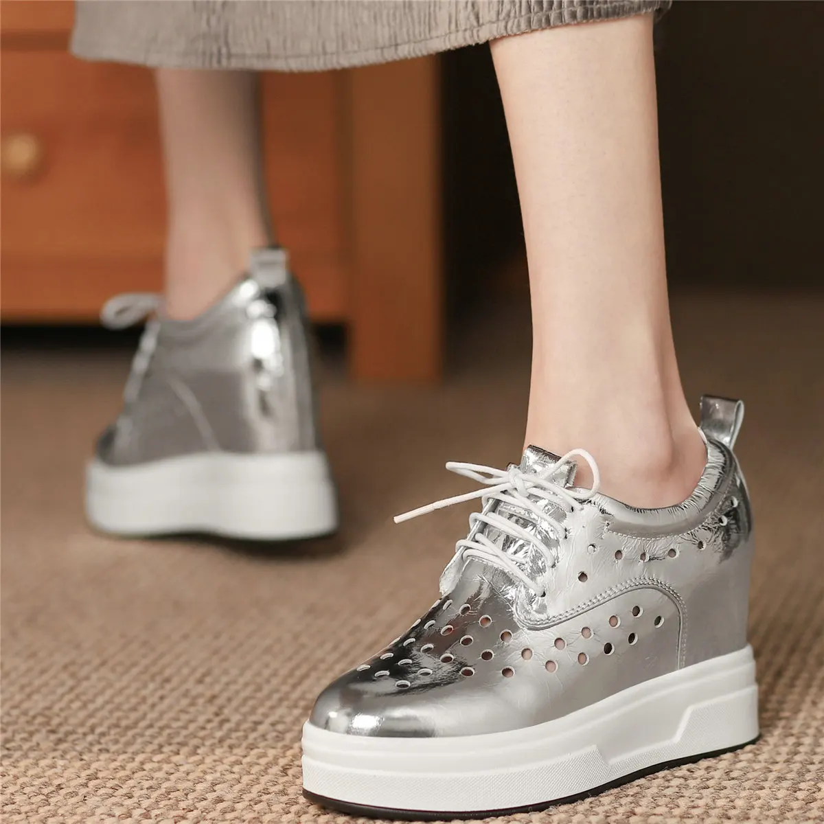 

Platform Pumps Women Lace Up Genuine Leather Wedges High Heel Ankle Boots Female Summer Round Toe Fashion Sneakers Casual Shoes