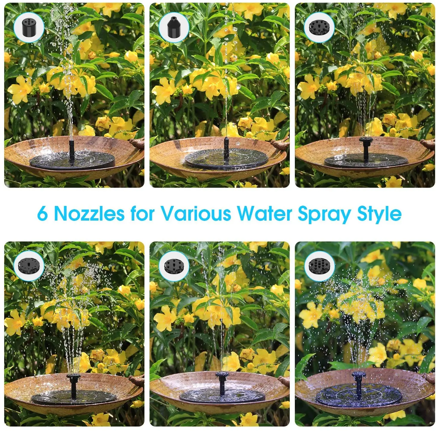 2.5W Solar Fountain Pump with 6 Nozzles for Bird Bath Fish tank Pond
