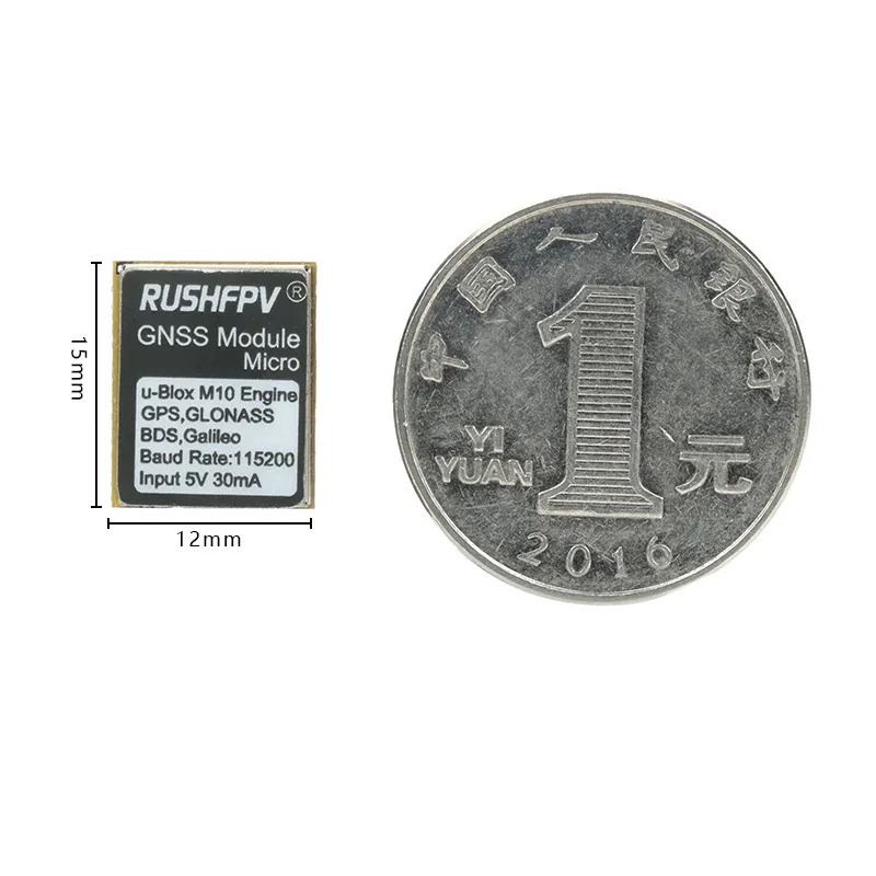 Vue d'ensemble du module GNSS Micro RUSHFPV avec boussole, boîtier noir et logo RUSHFPV.