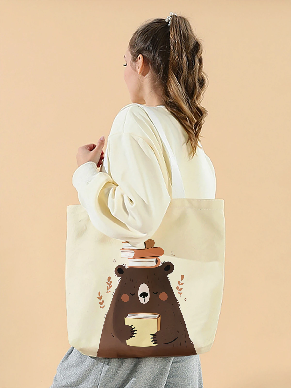 1pc,cartoon teddy bear pattern handbag, reusable fashionable handbag, multifunctional handbag, printed canvas shopping bag