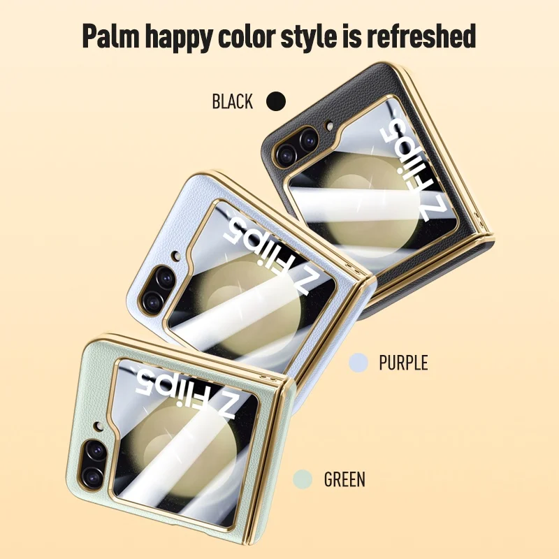 Skin Sensitive Hinge Case For Samsung Galaxy Z Flip 5 Electroplated Plating frame Folding Shockproof Hard Cover With Glass Film