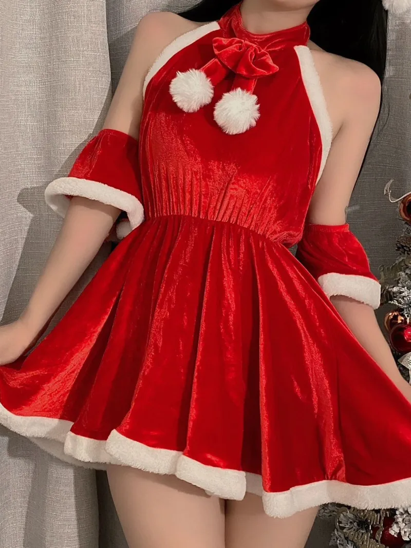 

New Sexy Christmas Uniform Red Velvet Cute Hanging Neck Dress Sheer Backless Fashion Romantic Elegant Mature Passion Charm FI0M