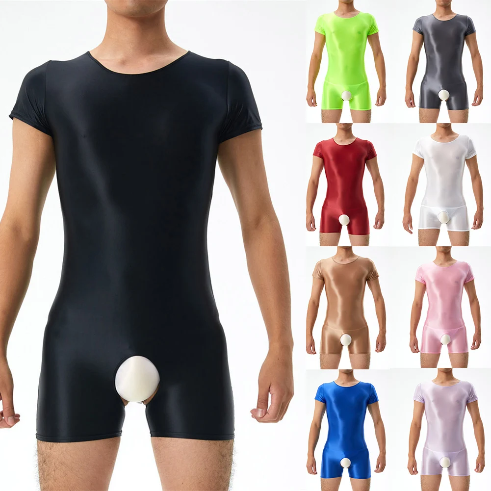 Sexy Men Glossy Jumpsuit Slim Crotchless Bodysuit Stretchy Tank Leotard Ultra-thin Sheer Underwear Gay Man Seduction Erotic Wear