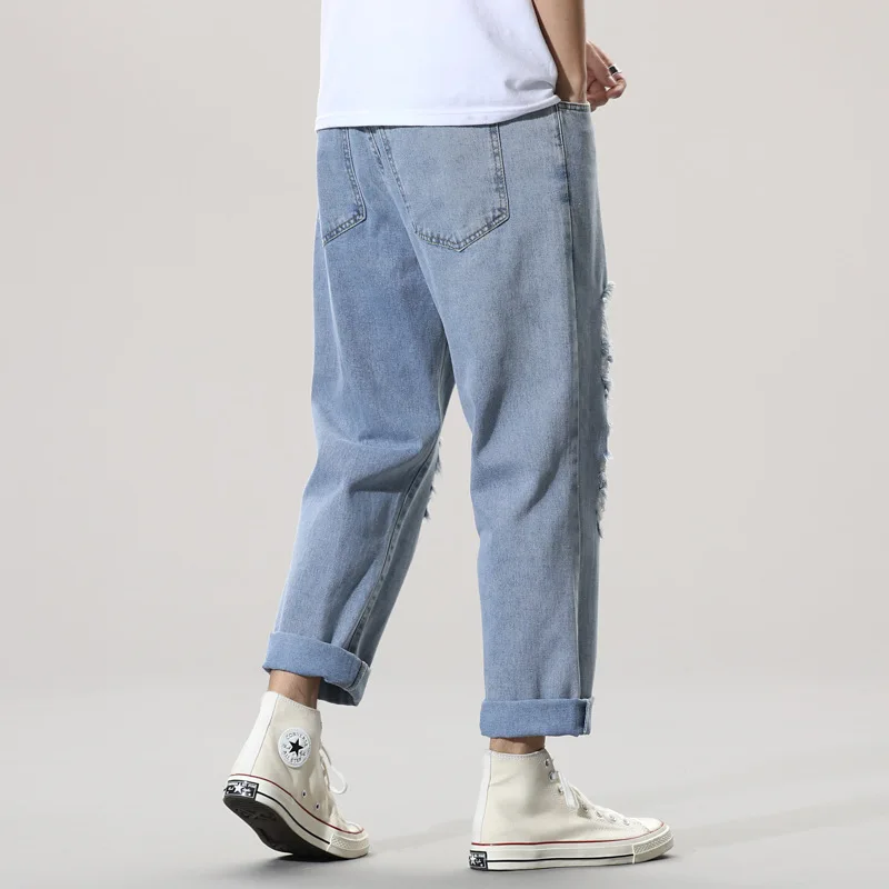 Jeans Men's Loose Straight-Leg Korean Version Of The Trend Hole Beggar Old Tide Brand Ankle-Length Pants Hollow Out Hip Hop
