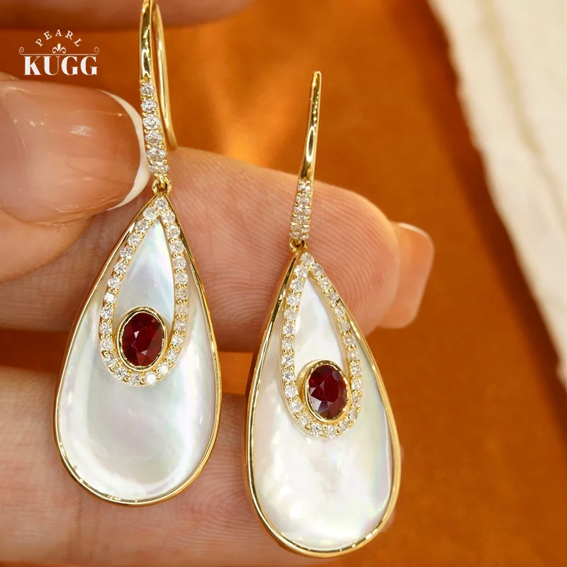 KUGG 18K Yellow Gold Earrings Shiny Real Natural Ruby Luxury Diamond Fashion Design White Fritillaria Drop Earrings for Women