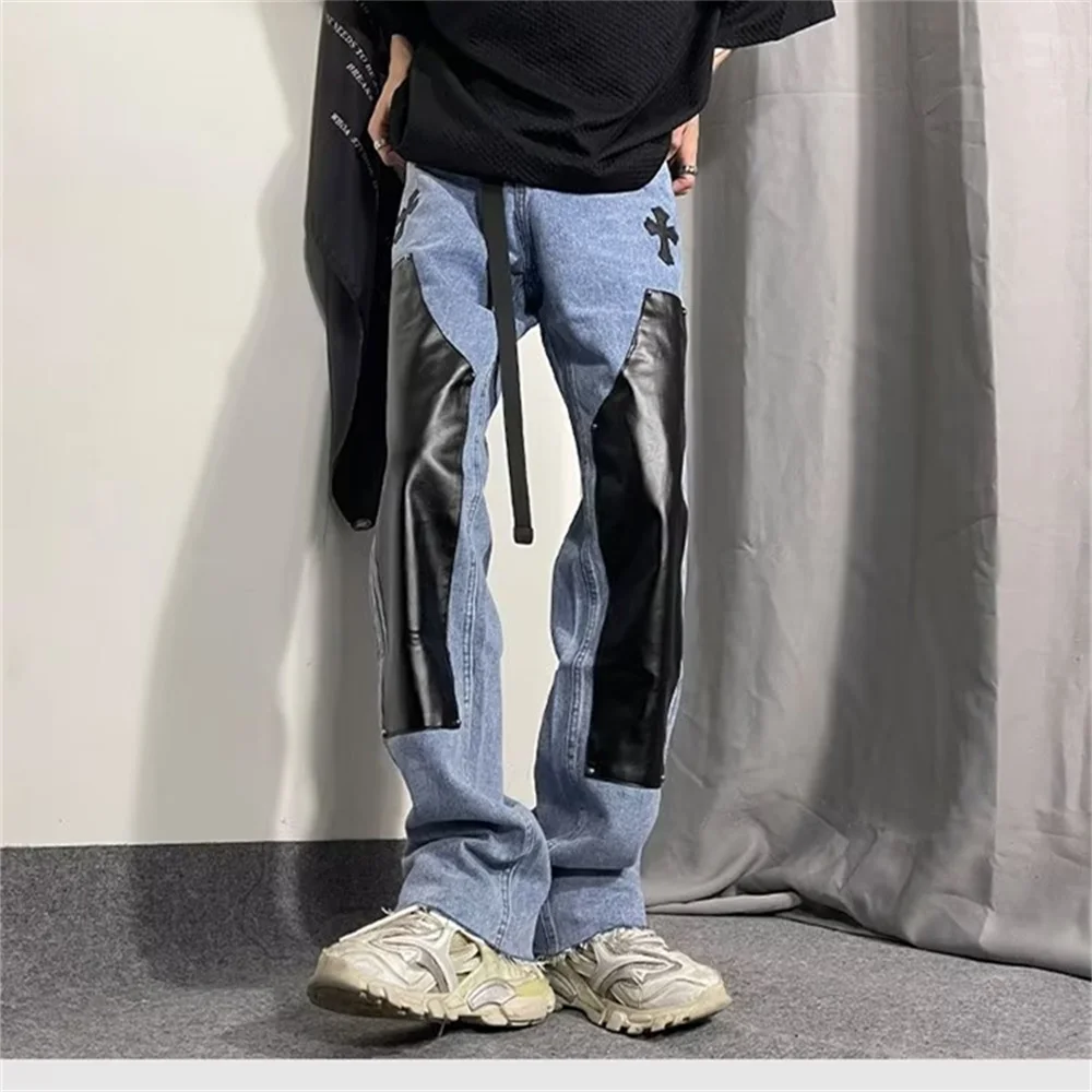 High Street Color Block Spliced Washed Jeans Mens Oversize Wide Leg Straight Denim Flare Pants Retro Loose Casual Trousers