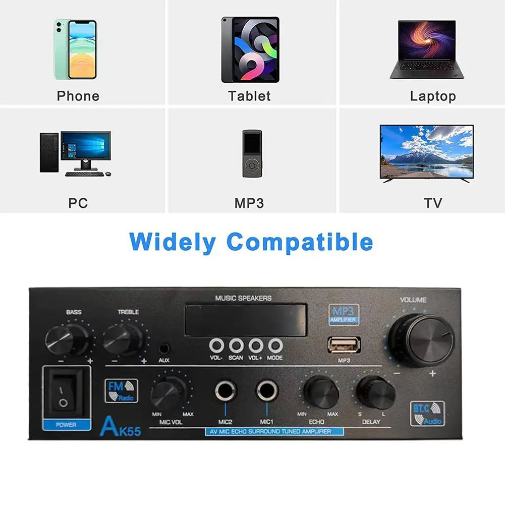 

AK35/AK45/AK55 Sound Amplifiers Bluetooth Digital Amplifier for Home Car Karaoke 2 Channel HiFi Stereo AMP FM USB Remote Control