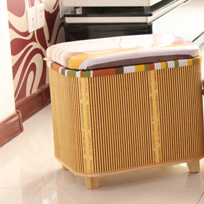 Bamboo Woven Storage Stool and Multi-Functional Wooden Bench
