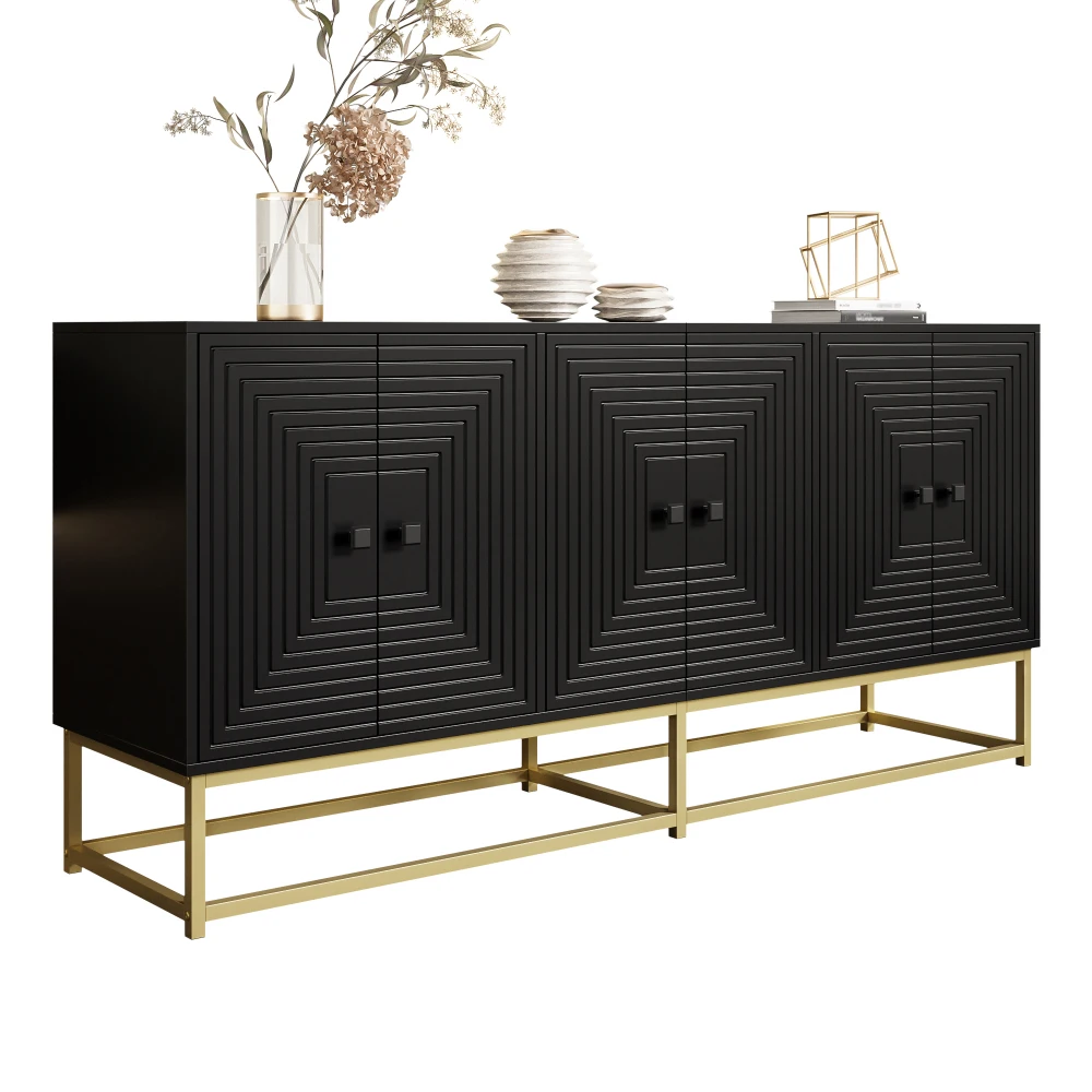 PINGGO Moderner Schwarzer Aufbewahrungsschrank 3 Doppeltüren Matte Oberfläche Sideboard für Wohnzimmer Esszimmer Büro – Detail 8