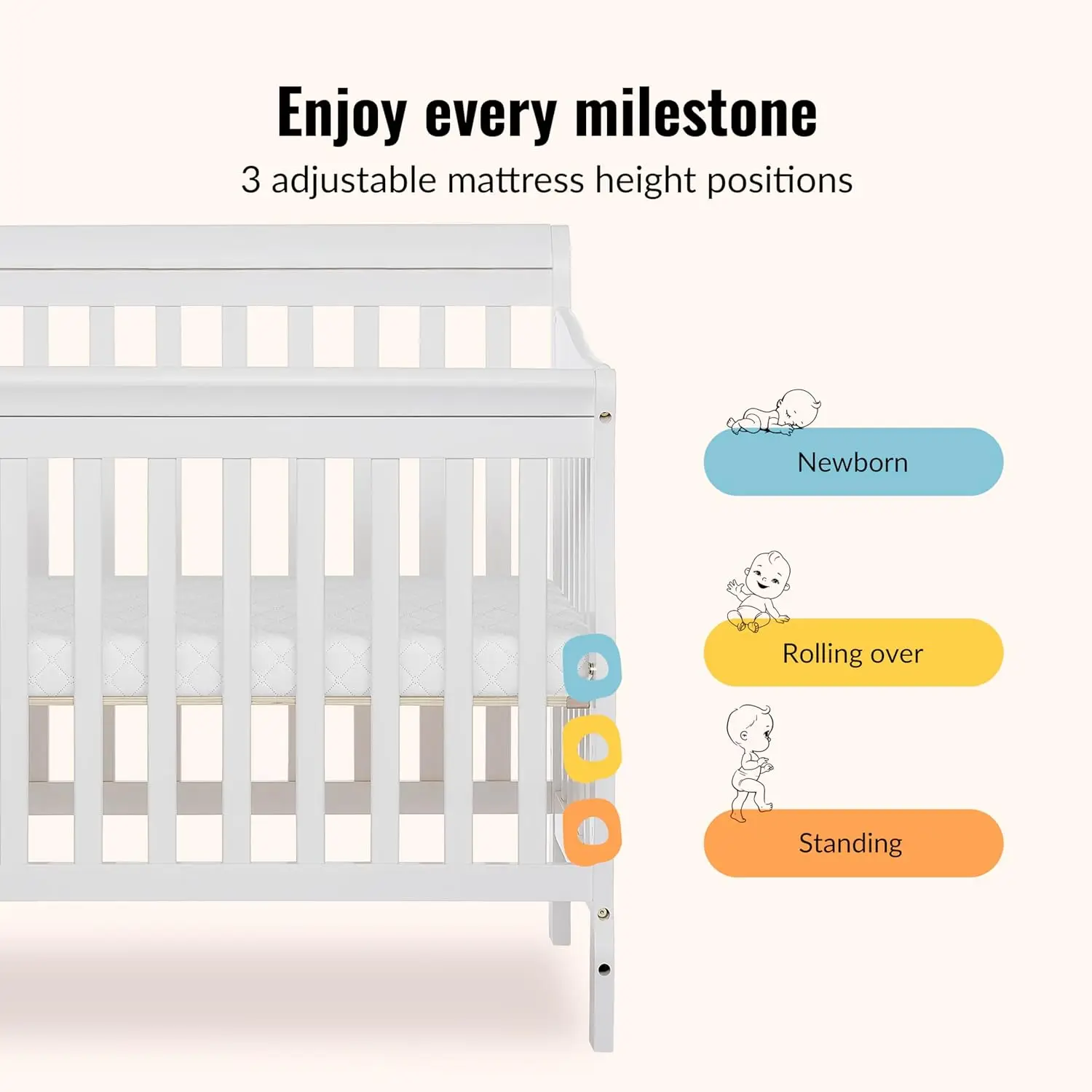 Aden 4-in-1 Convertible Mini Baby Crib in White, GreenGuard Gold & JPMA, Sustainable Pinewood, Non-Toxic Finish, 3 Mattress