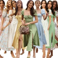 Cross-Border Bubble-Sleeve Floral Print Dress Square-Neck Fishbone Skirt Large Hemline Women's Fashion Dress from Mainland China