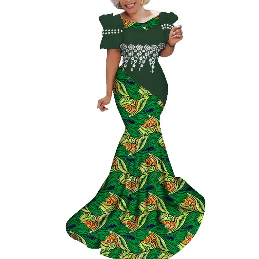 Iooiooi Women's African Bazin Print Party Dress - Long Sleeves, Floor Length, X-Large