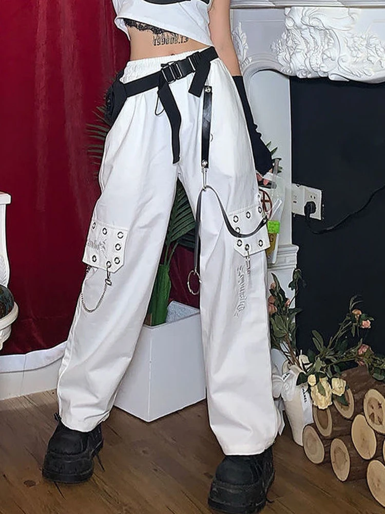 HOUZHOU Harajuku Punk Black Cargo Pants Women Gothic Chain White Wide
