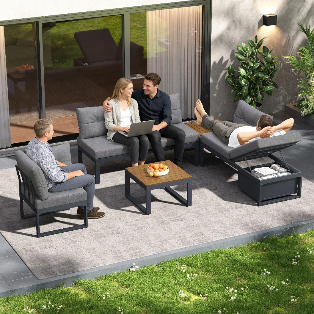 Dunkelgraues Multifunktionales Gartenmöbel-Set mit Verstellbarer Rückenlehne & Stauraum – Detail 5