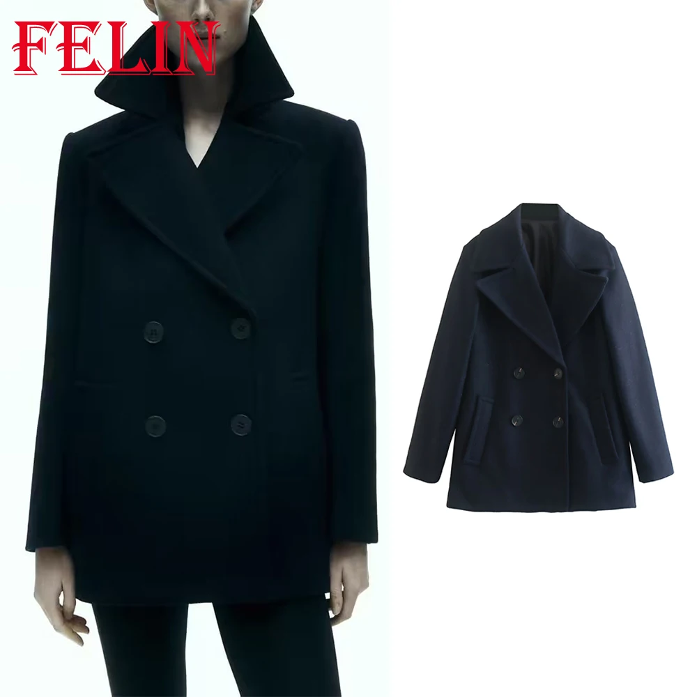 

TRAF Autumn Winter 2022 Women Vintage Jackets Solid Wool Double Breasted Blazer Loose Pockets Elegant Fashion Thick Coat