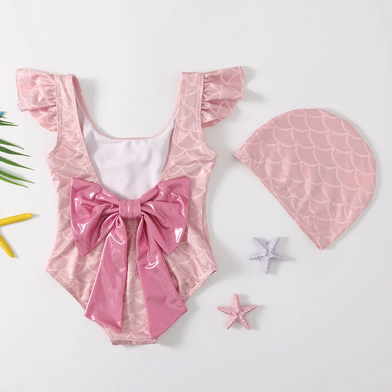 Cute Toddler Baby Girls Swimwear Ruffles Sleeveless Beachwear Swimsuit Lovely Pink Mermaid Bathing Suit + Sun Hat 2pcs Set