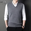 2024 Autumn Winter New Men's Solid Color V-neck Knitted Vest Casual Fashion Warm Sweater Versatile Top 5