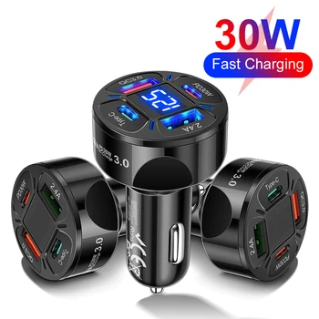 Caricabatteria da auto USB 30W 4 porte Tipo C PD Ricarica rapida Adattatore di alimentazione a ricarica rapida Display digitale per Huawei IPhone Xiaomi in Car