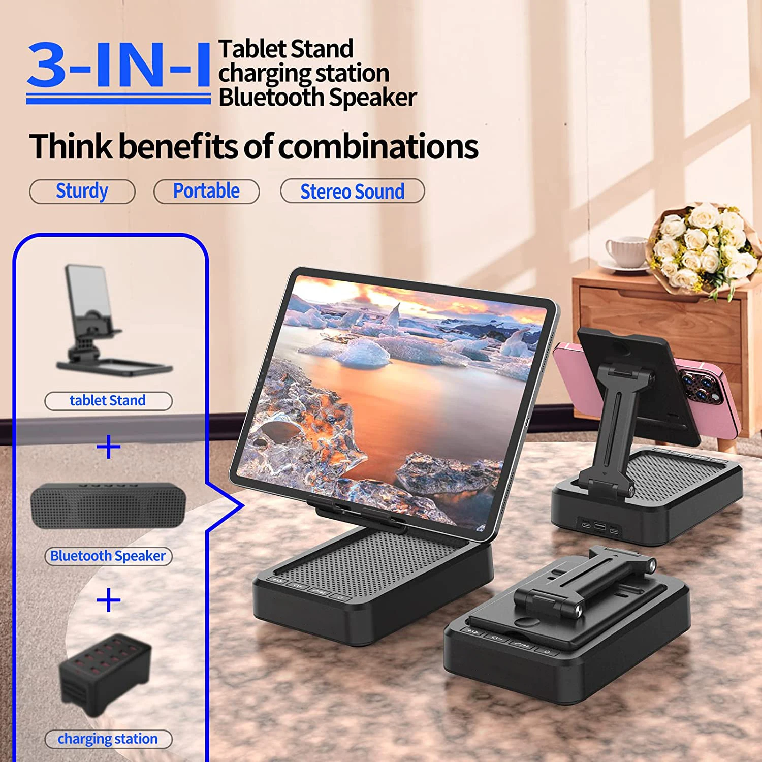 Cell Phone Stand with Wireless Bluetooth Speaker, Adjustable HD
