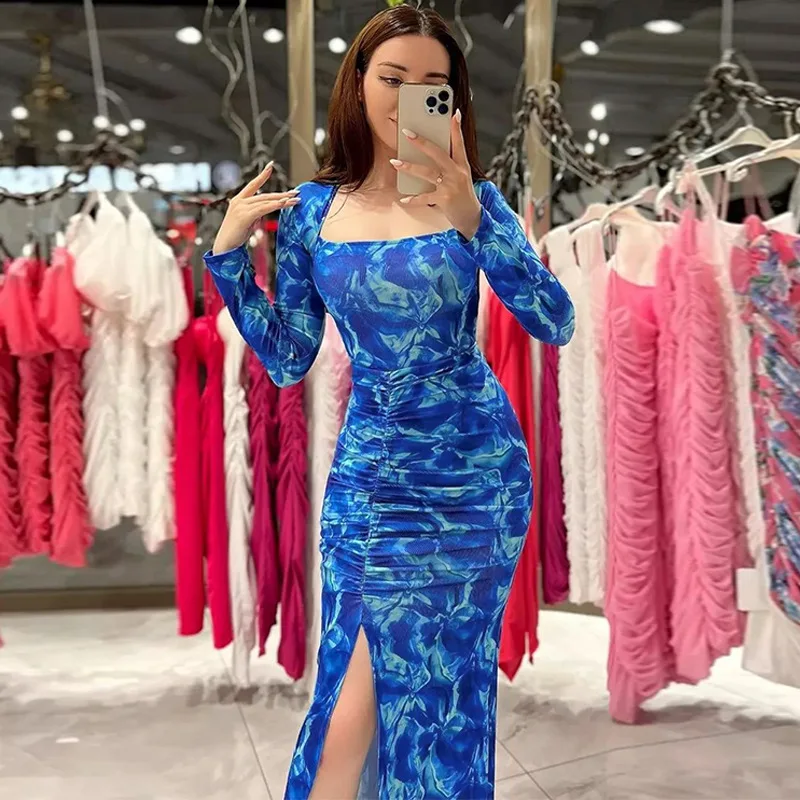 

Tie Dye Square Collar Long Sleeve Backless Lace Up Slit Sexy Maxi Prom Dress Fall Elegant Slim Party Birthday Outfit