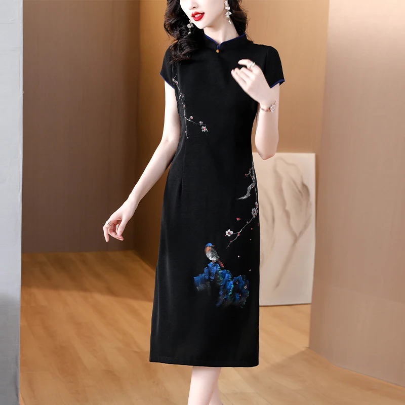 

Printed temperament fashion heavy silk silk improved cheongsam long high-grade mother dress summer
