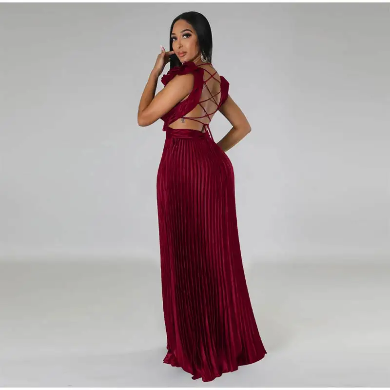 Women Solid Backless Elegant Long Dresses V-neck Pleated A-line Sexy Frock 2023 Spring Summer Evening Party Casual Style Dress