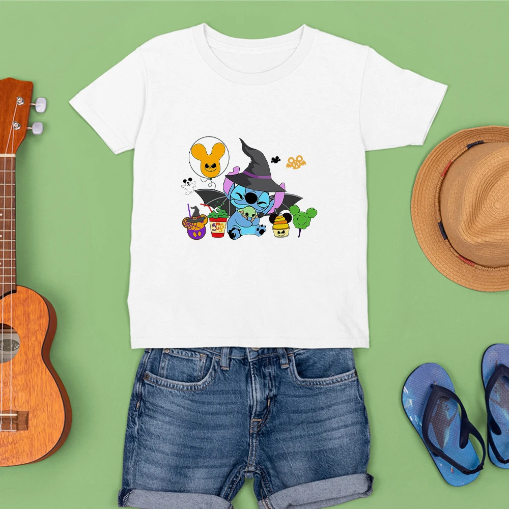 

Fashion Disney Stitch Print Outdoor Kids T-Shirts Y2K White Girls Clothes 3-12 Years Four Seasons Short Sleeve Child Unisex Top