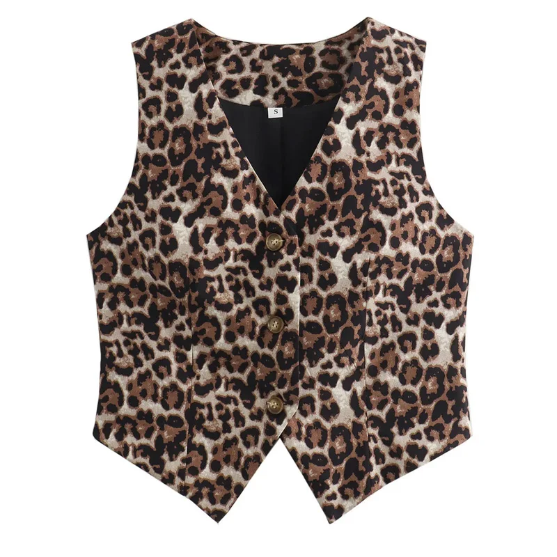 TRAF Leopard Women Vest Vintage Sleeveless Vest Woman Outerwears Animal Print Cropped Suit Vest V Neck Waistcoat Short Coats 3