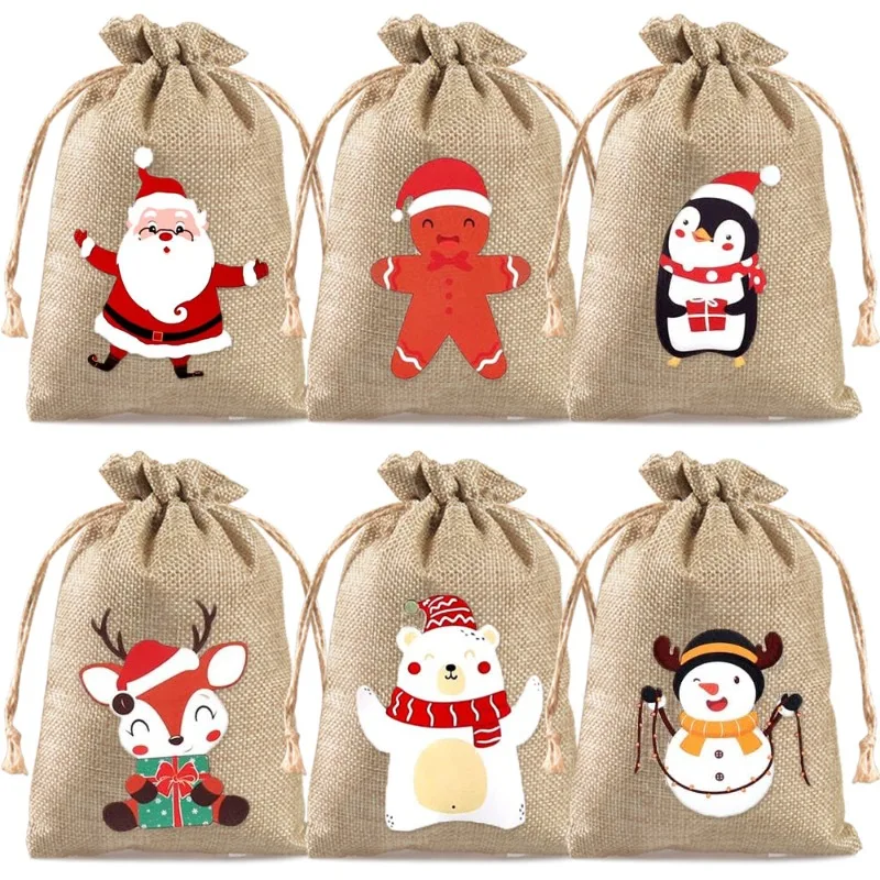 6PCS Christmas Candy Gifts Drawstring Bags Linen Bundle Pocket Bracelet Jewelry Burlap Storage Bags Xmas Gift Packaging Bags LIJ