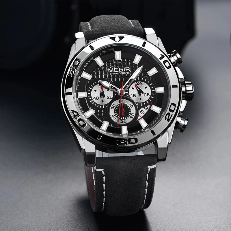 MEGIR New Sports Quartz Watch for Men Leather Waterproof Calendar Chronograph Watches Men Luminous Hands Clock Relogio Masculino