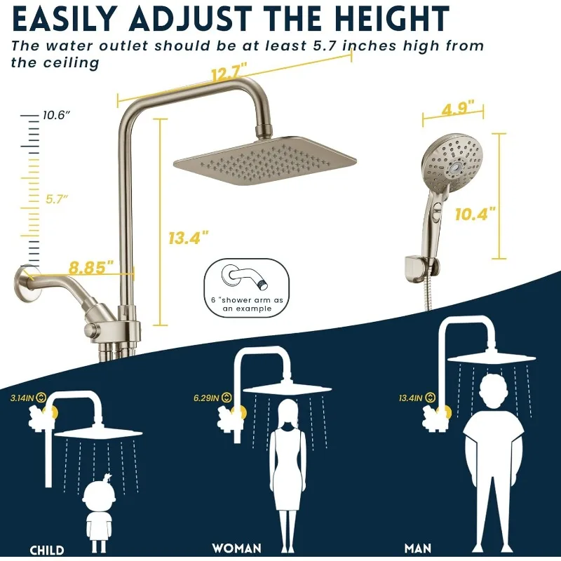 Dual Shower Head Combo, Brushed Nickel 8'' High Pressure Rain/Rainfall Shower Head,5 Settings Adjustable Handheld Showers 2