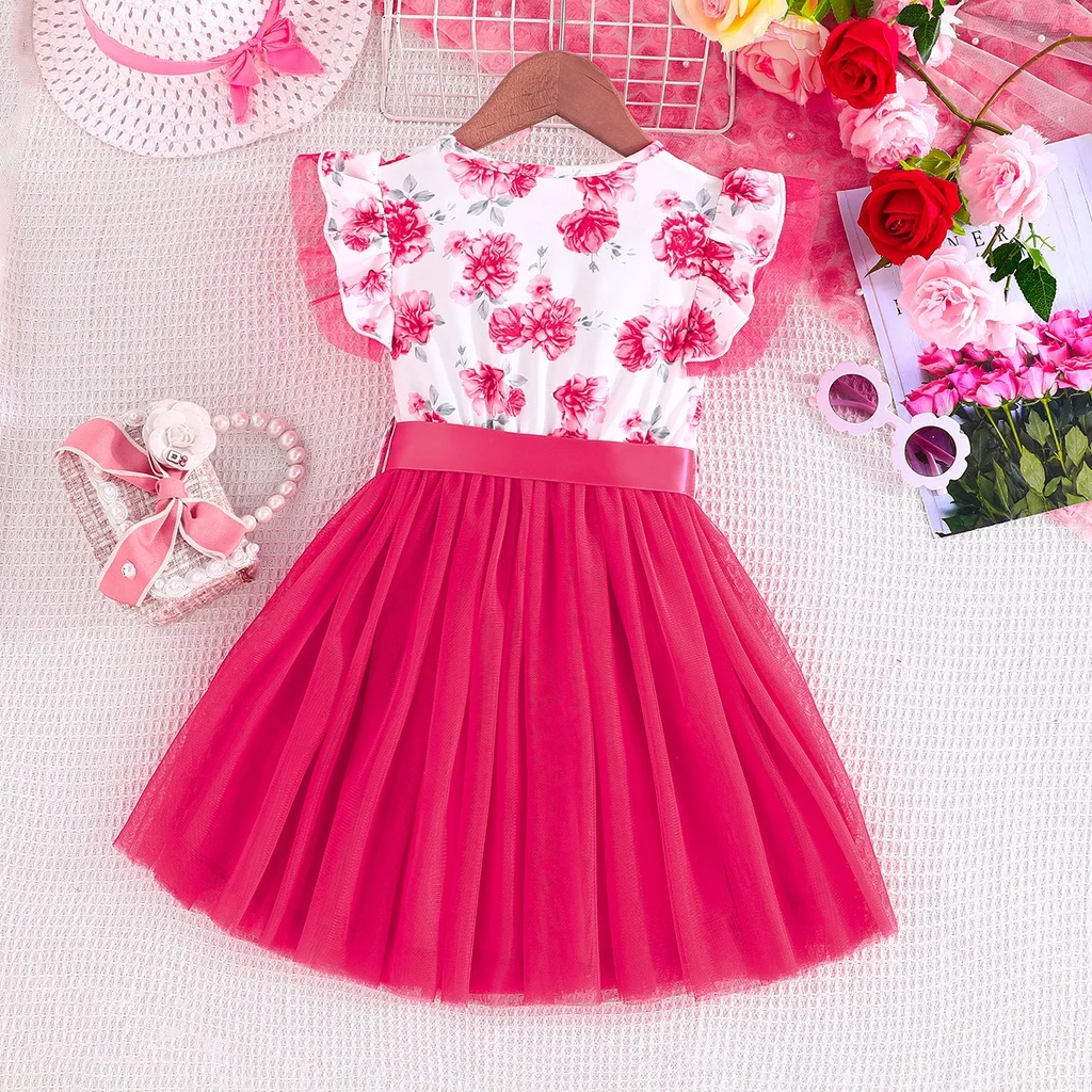 Dress For Kids 2-7 Years old Fashion Cute Floral Ruffled Tulle